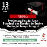 SINTESE realiza plenária virtual com professores e professoras das escolas de Ensino Médio em Tempo Integral